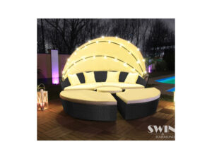 LED Sonneninsel XXL-210cm Polyrattan Gartenliege Schwarz