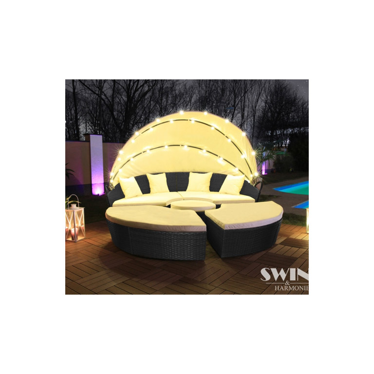 LED Sonneninsel XXL-210cm Polyrattan Gartenliege Schwarz