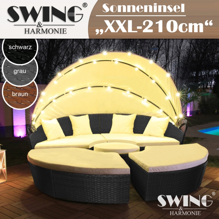 LED Sonneninsel XXL-210cm Polyrattan Gartenliege Schwarz – Bild 2