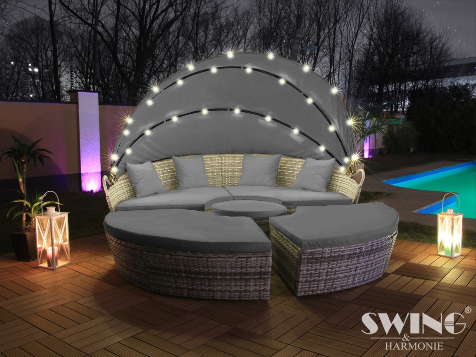 LED Sonneninsel Rattan Lounge Polyrattan Sitzgruppe Liege Insel 180cm Grau – Bild 2