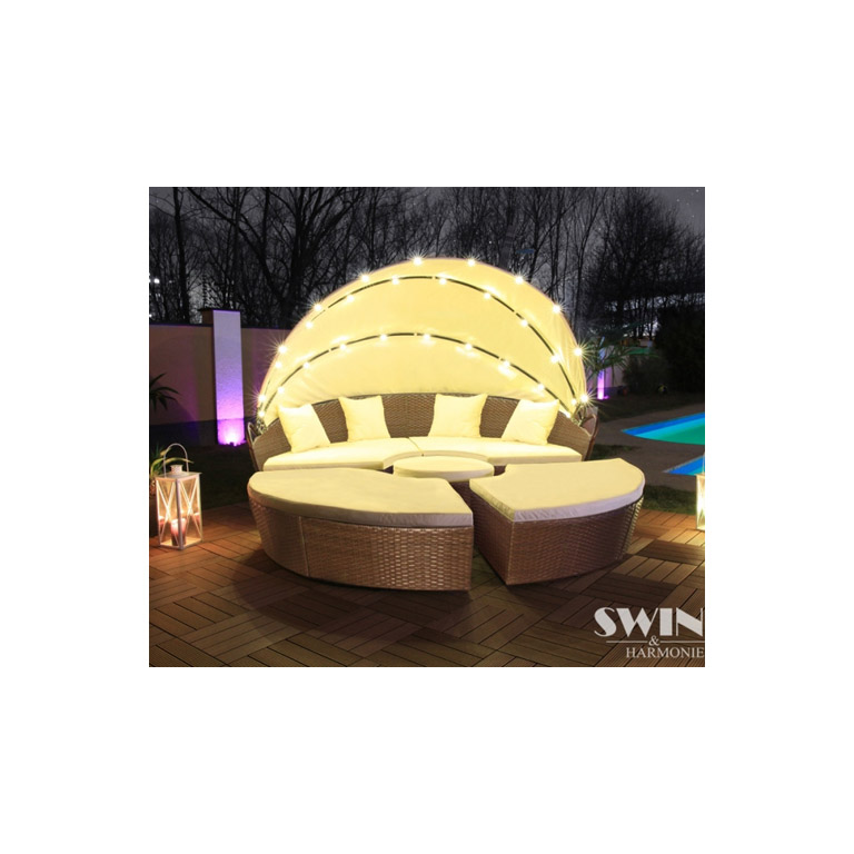 LED Sonneninsel Rattan Lounge Gartenliege Polyrattan Sitzgruppe 180cm