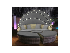 LED Sonneninsel Rattan Lounge Polyrattan Sitzgruppe Liege Insel 180cm Grau
