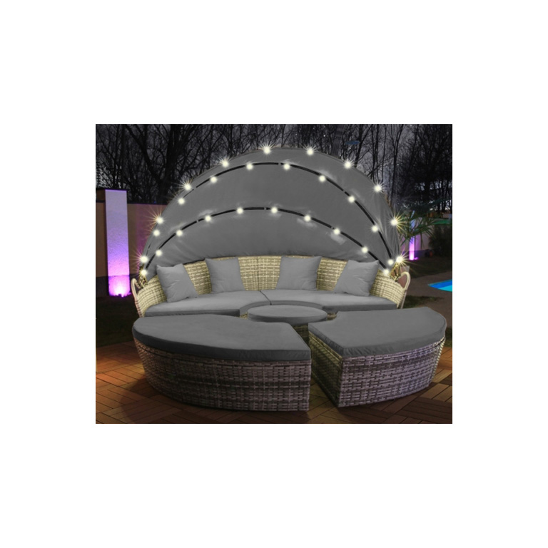 LED Sonneninsel Polyrattan Gartenliege XXL 210cm Grau