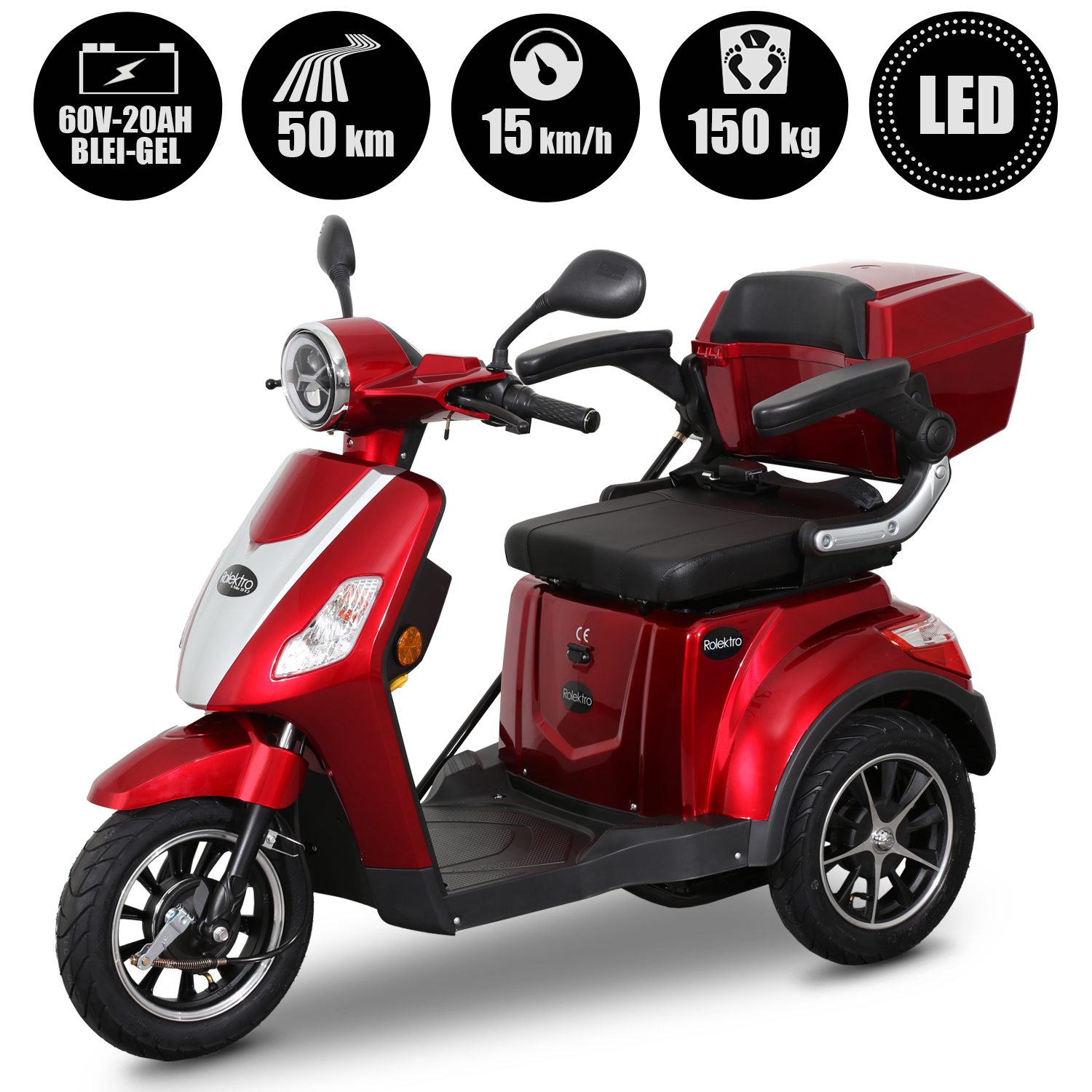 Rolektro E-Trike 15 V.2 Blei-Gel, Rot, 15 km/h – Bild 6