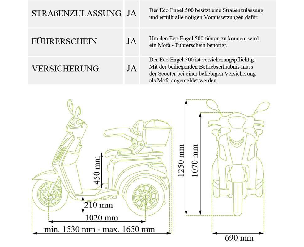 ECO ENGEL 500 Silber, 1000 Watt, 15 km/h, 3 Rad Scooter – Bild 8
